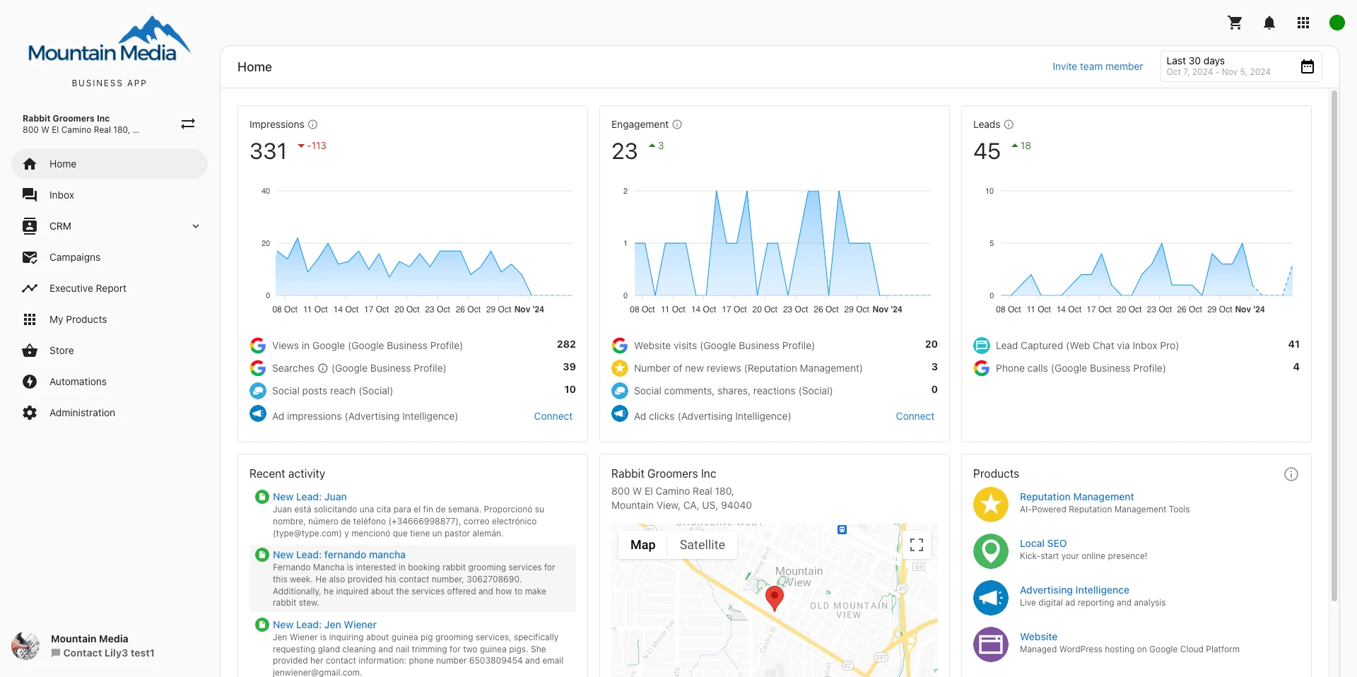Vendasta Business App client dashboard with metrics, products, and recent activity