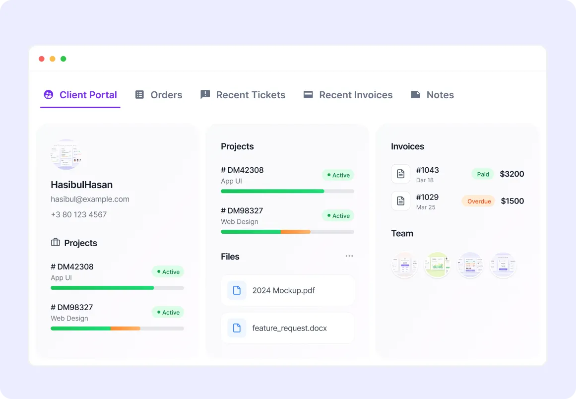Agency Handy client portal with projects, invoices, files, team members, orders, and tickets