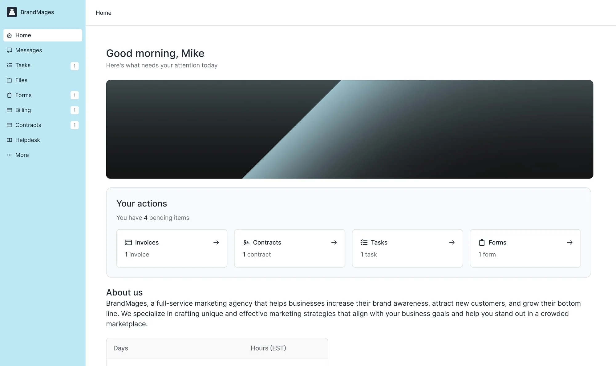Assembly client portal home with messages, tasks, files, forms, billing, contracts, and helpdesk apps