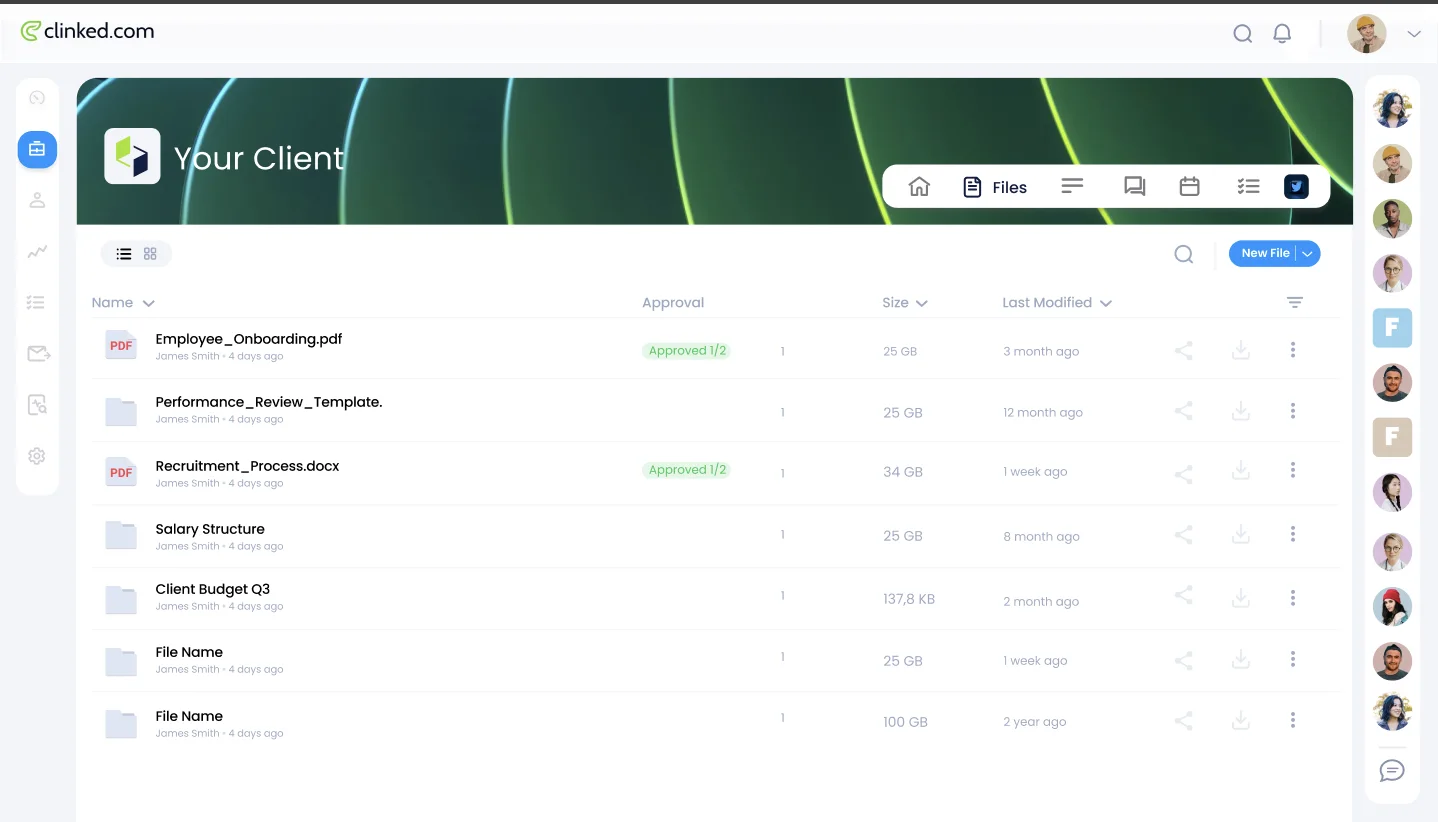 Clinked client file workspace with approvals, folders, file sizes, and modification dates