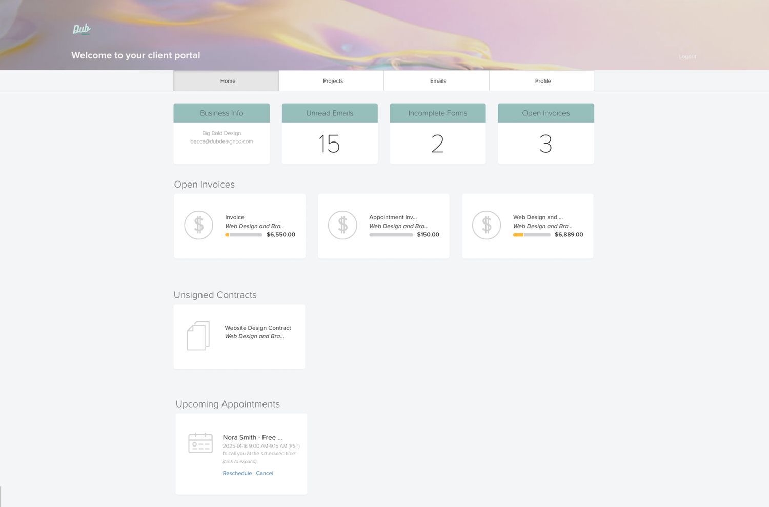 Dubsado client portal showing a client project and shared documents