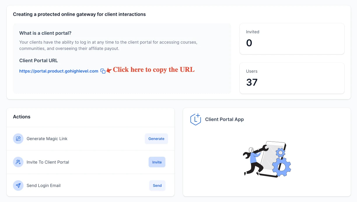 HighLevel client portal administration screen with invite, magic-link, and login-email controls