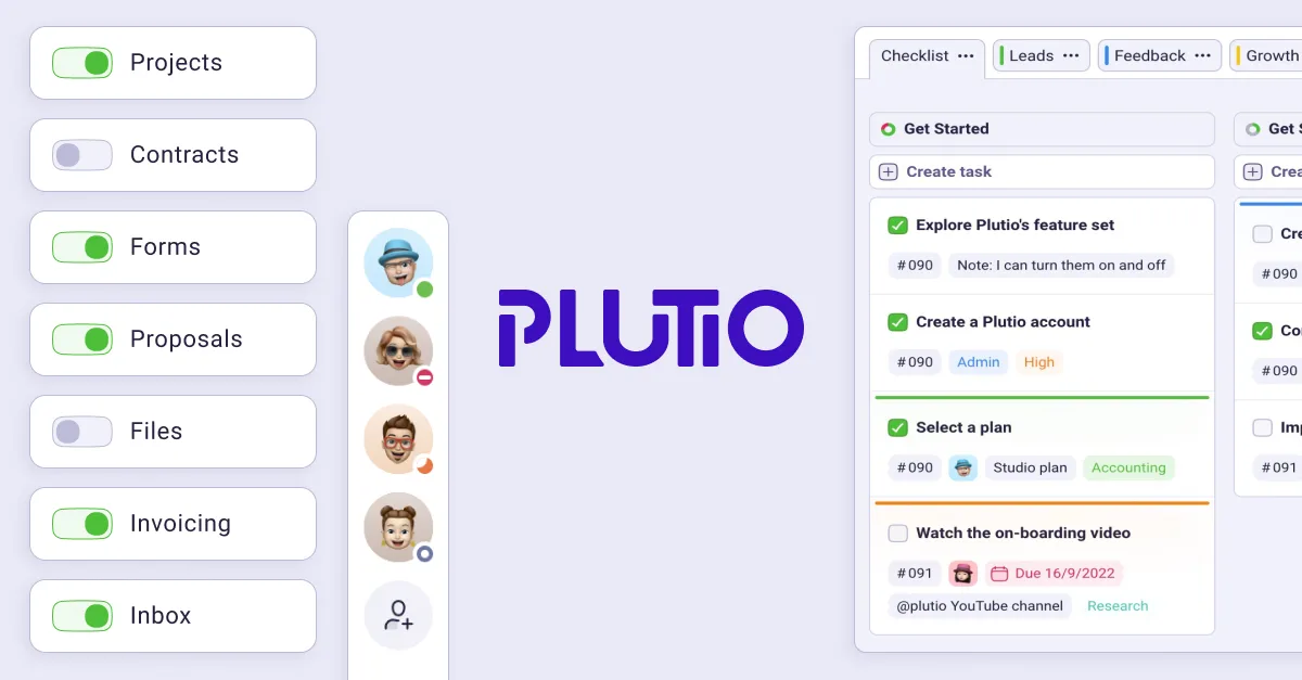 Plutio project workspace with configurable modules and task boards