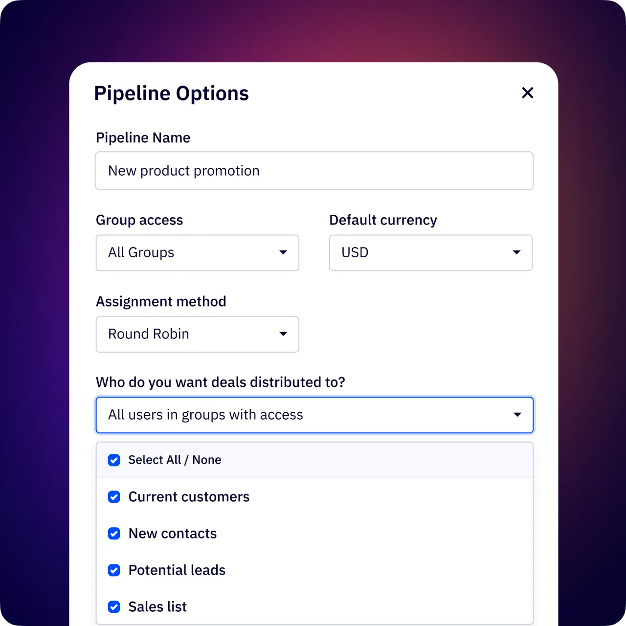 ActiveCampaign CRM pipeline settings with round-robin assignment rules