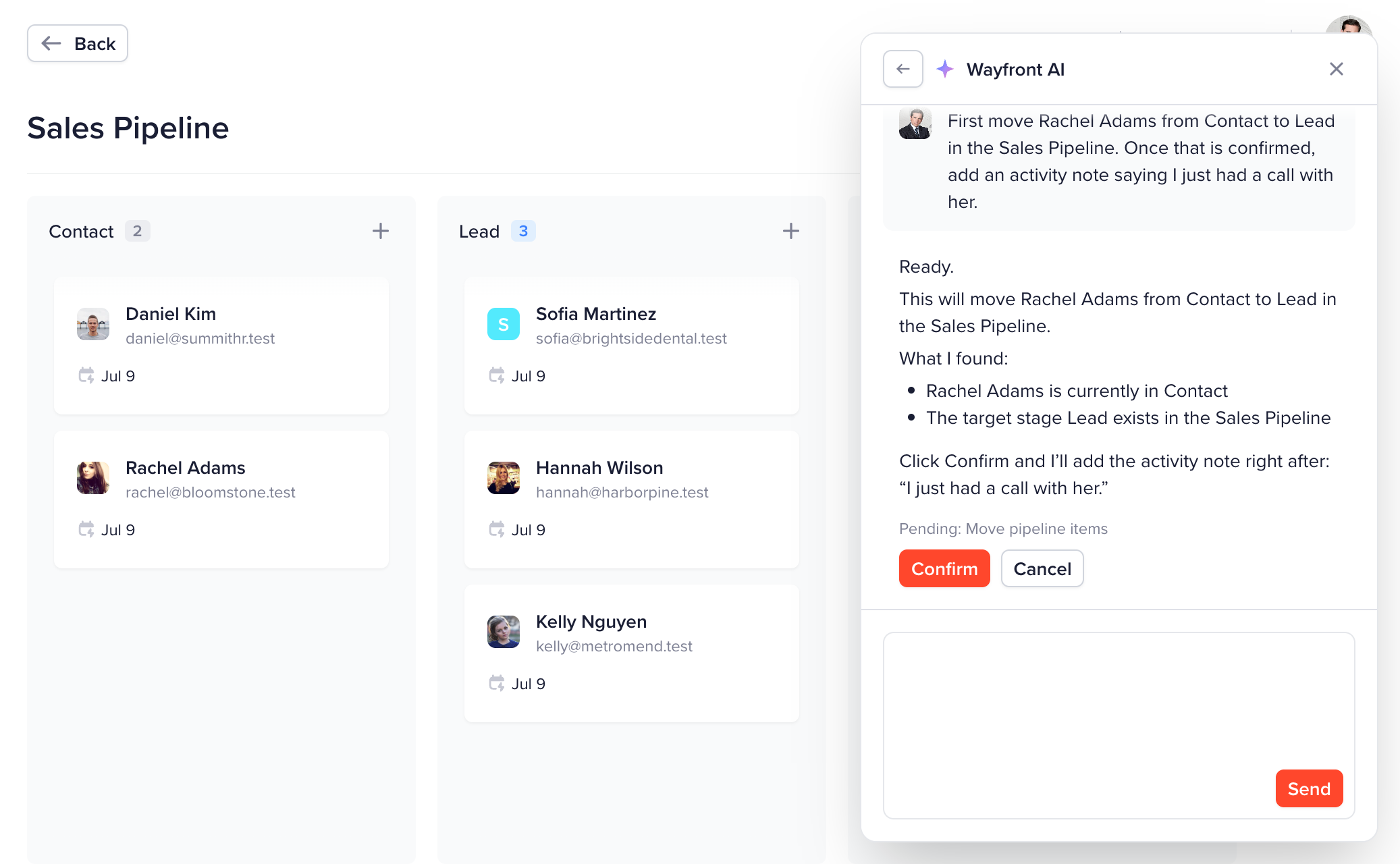 Wayfront AI previewing Rachel Adams moving from Contact to Lead in the Sales Pipeline