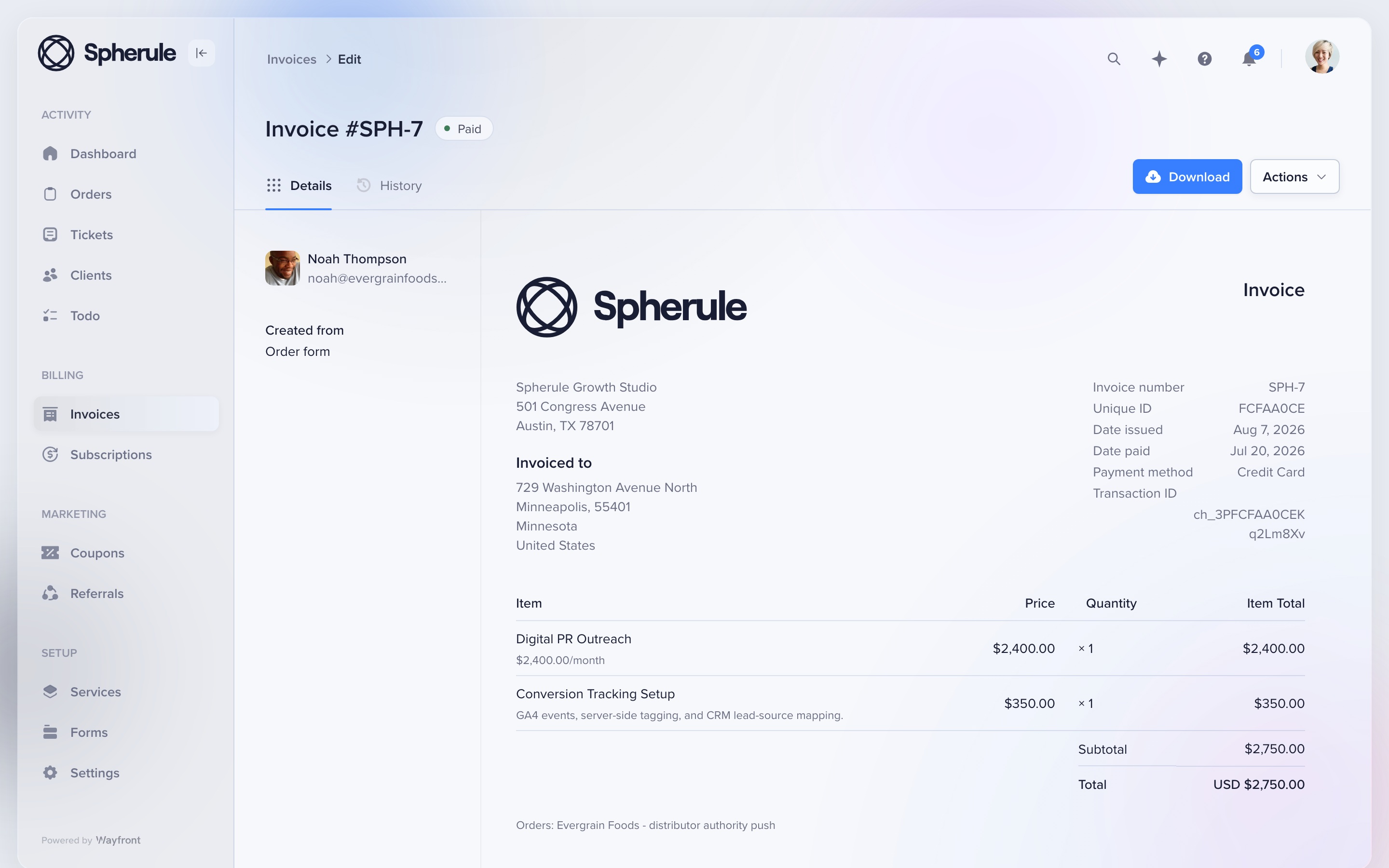 Wayfront redesigned invoice detail showing a recurring digital PR service and conversion tracking add-on