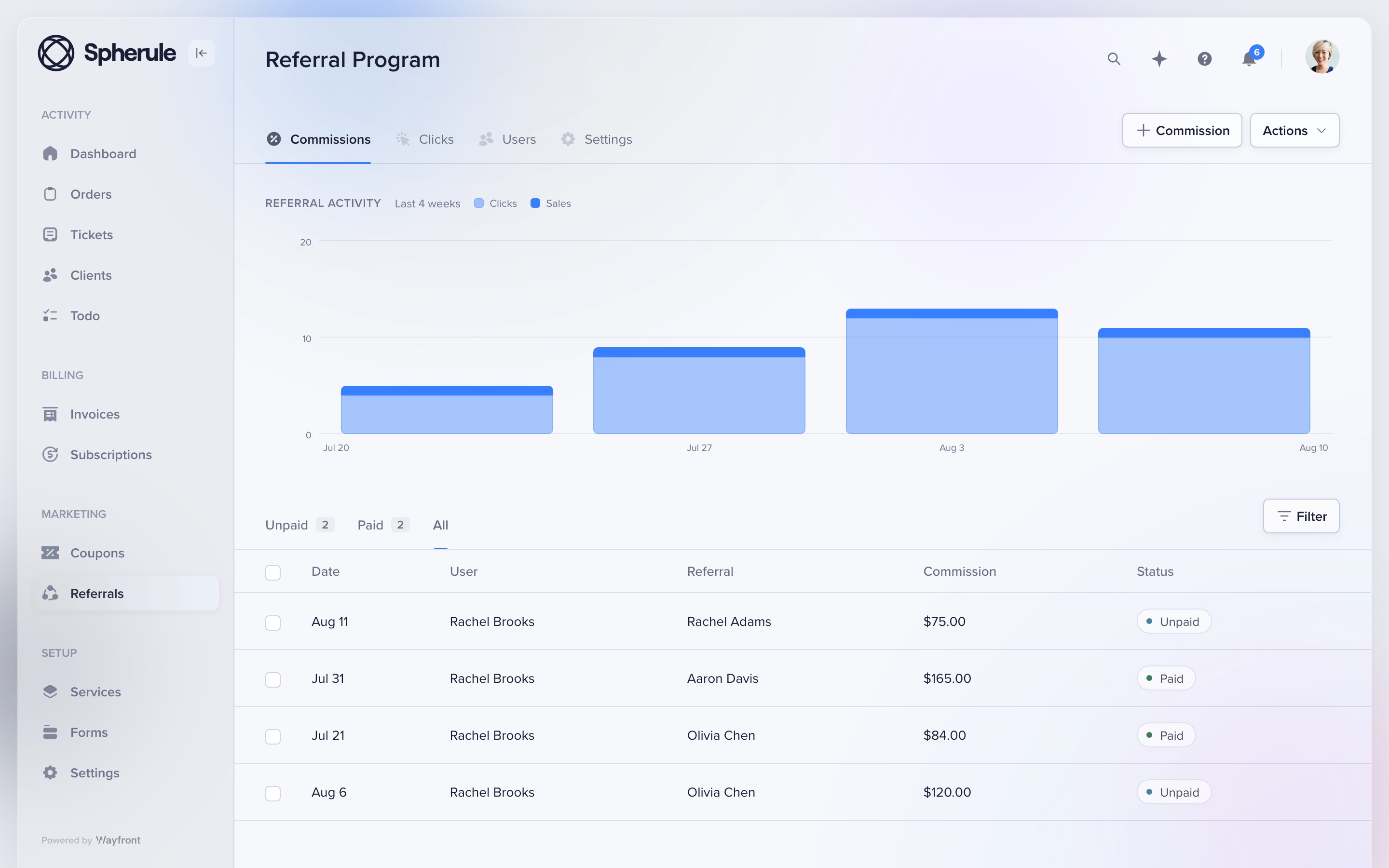 Wayfront redesigned referral dashboard showing clicks, sales, commissions, and payment status