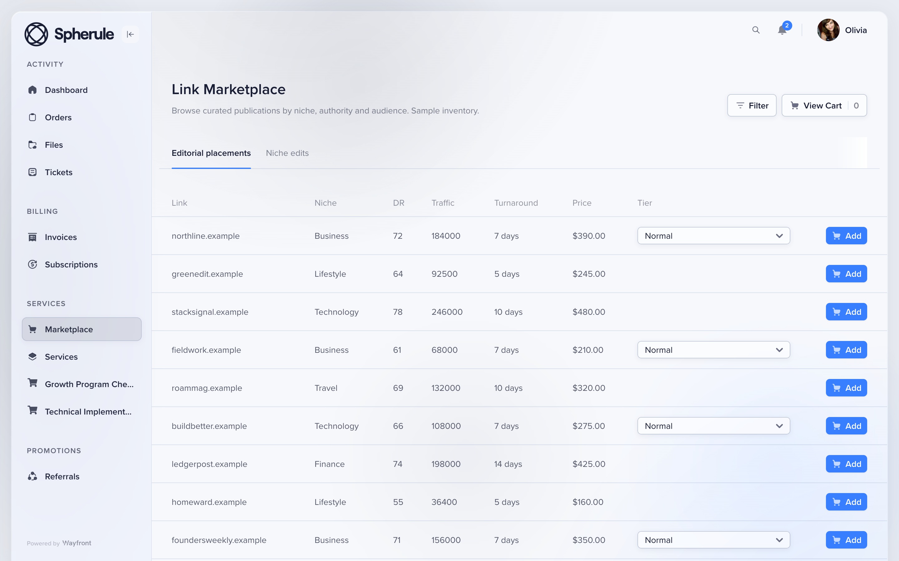 Link building marketplace inventory
