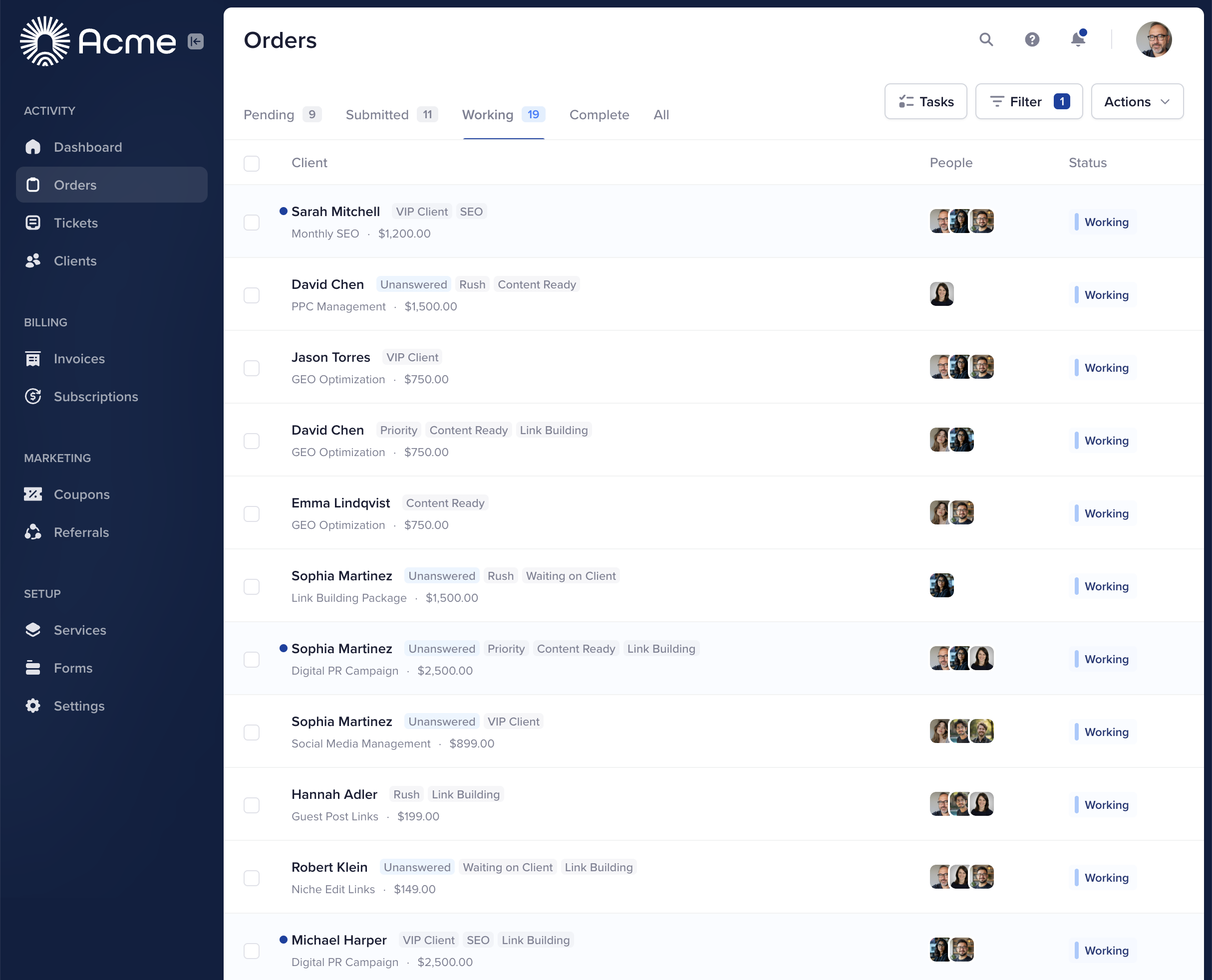 A Wayfront agency order list showing clients, services, project status, and assigned team members